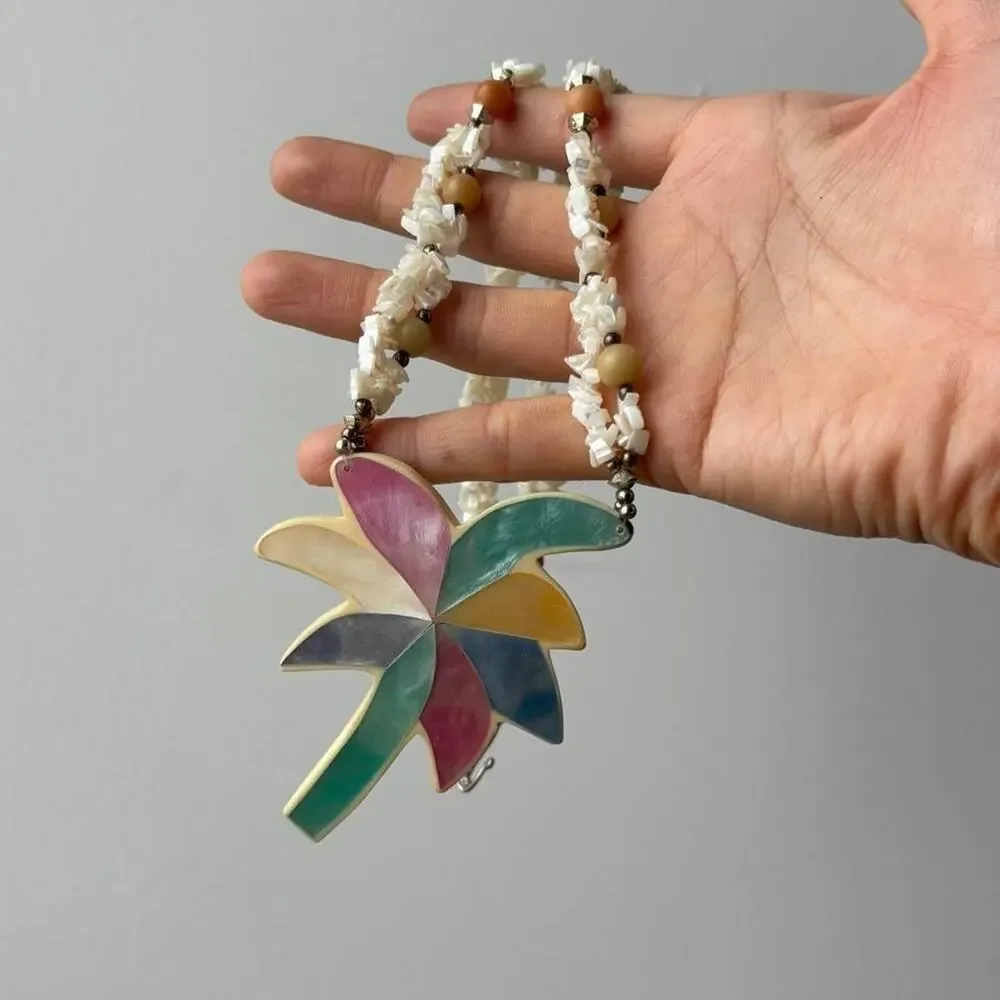 1980s Lee Sands Mother of Pearl Mosaic Palm Tree Pendant Necklace